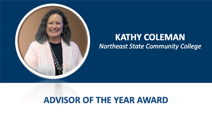 College Advisor of the Year, recognizing overall excellence in student advising at a TBR community or technical college: Kathy Coleman, dean of advising and retention student advisor at Northeast State Community College